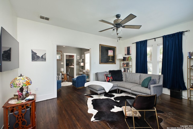 636 W Hollywood Ave, San Antonio, TX 78212 - living room with baseboards, a ceiling fan, visible vents, and hardwood / wood-style flooring