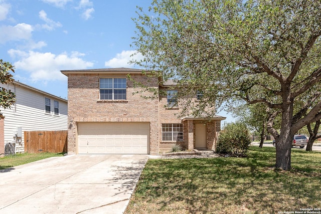 traditional-style house featuring concrete driveway, a front yard, brick siding, a garage, and fence