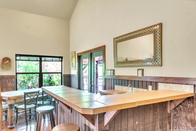723 Tierra Linda, Concan, TX 78838 - dining area with high vaulted ceiling, wet bar, wainscoting, and plenty of natural light