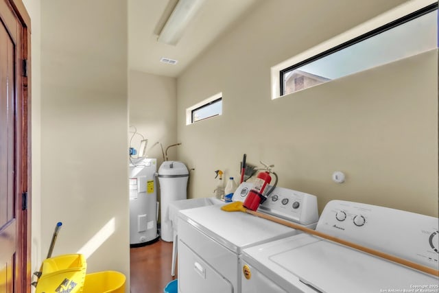 723 Tierra Linda, Concan, TX 78838 - laundry area featuring laundry area, visible vents, water heater, washer and dryer, and dark wood-style floors