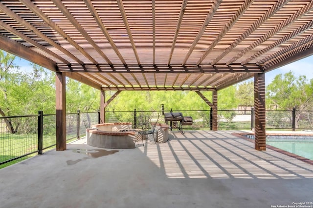 723 Tierra Linda, Concan, TX 78838 - view of patio / terrace with fence, a fenced in pool, and a covered structure