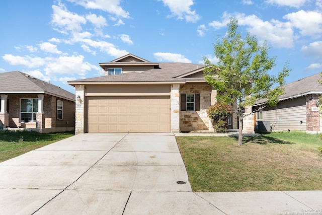 view of front of property featuring a garage, driveway, stone siding, and a front lawn