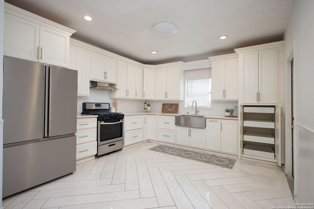 kitchen featuring light countertops, under cabinet range hood, decorative backsplash, stainless steel appliances, and a sink
