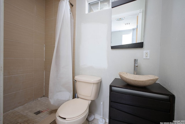full bathroom featuring vanity, visible vents, a stall shower, and toilet