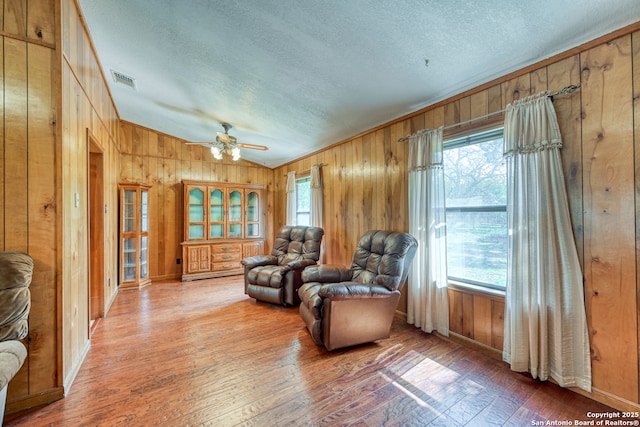 21440 Fm 306, Canyon Lake, TX 78133 - living area with wooden walls, a wealth of natural light, and a textured ceiling