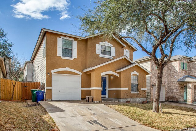 2230 Bedford Stage, San Antonio, TX 78213 - traditional-style house with an attached garage, fence, driveway, and stucco siding