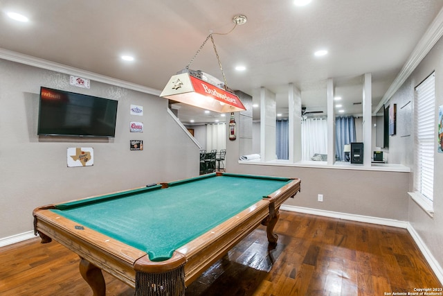 2230 Bedford Stage, San Antonio, TX 78213 - recreation room featuring pool table, baseboards, ornamental molding, and wood finished floors