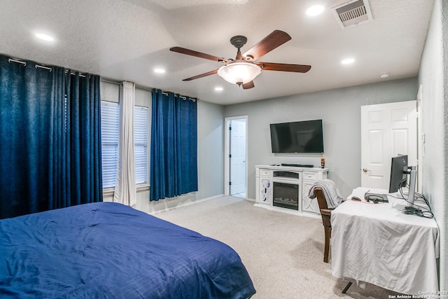 2230 Bedford Stage, San Antonio, TX 78213 - carpeted bedroom featuring visible vents, baseboards, ceiling fan, a fireplace, and recessed lighting