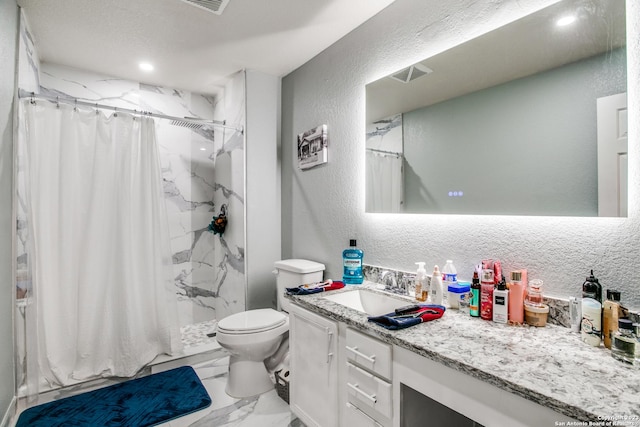 2230 Bedford Stage, San Antonio, TX 78213 - bathroom featuring a textured wall, toilet, marble finish floor, and a marble finish shower