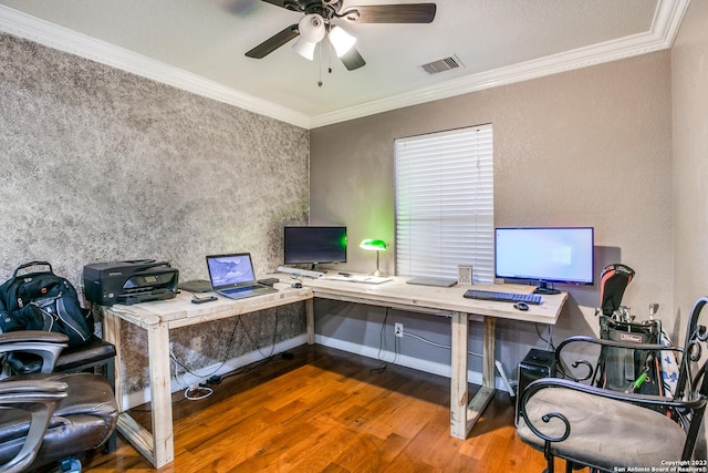 2230 Bedford Stage, San Antonio, TX 78213 - office featuring visible vents, baseboards, ornamental molding, a ceiling fan, and wood finished floors