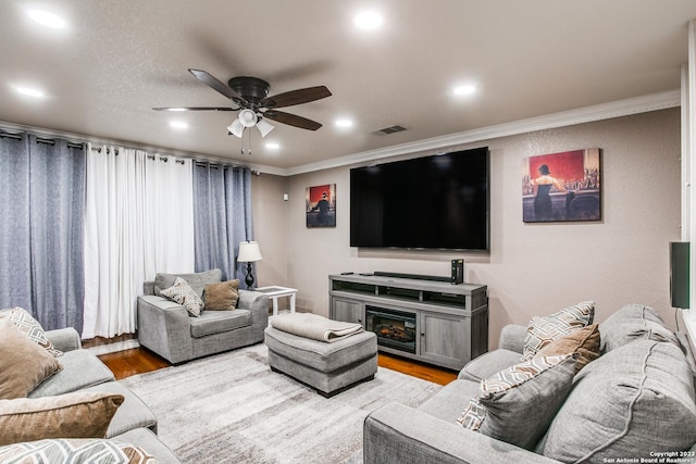 2230 Bedford Stage, San Antonio, TX 78213 - living area with crown molding, a ceiling fan, visible vents, recessed lighting, and light wood finished floors