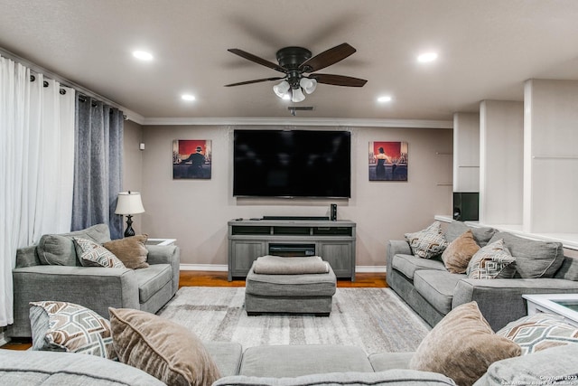 2230 Bedford Stage, San Antonio, TX 78213 - living room with ceiling fan, baseboards, ornamental molding, and visible vents
