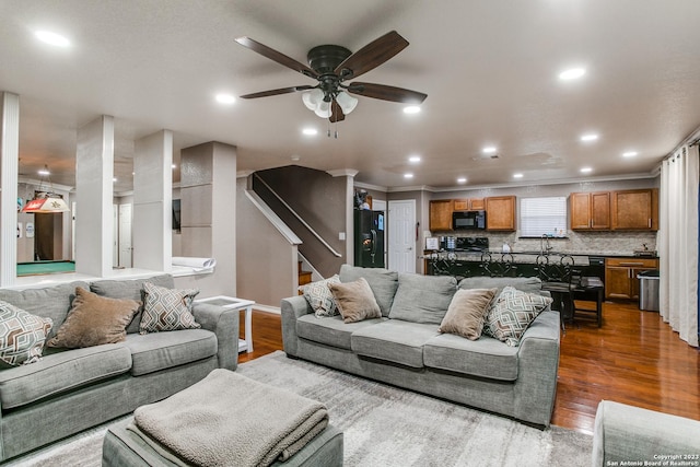 2230 Bedford Stage, San Antonio, TX 78213 - living area featuring ceiling fan, stairs, dark wood-style floors, and recessed lighting