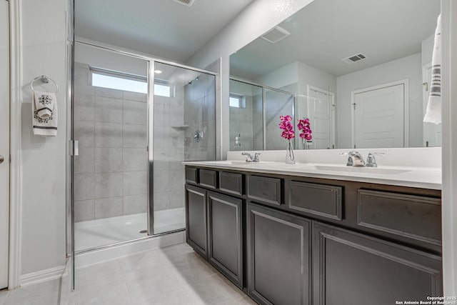 9737 Novacek, San Antonio, TX 78254 - full bath with tile patterned flooring, visible vents, a sink, a stall shower, and double vanity