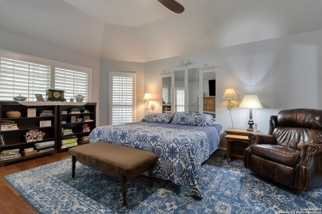 2239 Kensington Way, New Braunfels, TX 78130 - bedroom with wood finished floors, a ceiling fan, and lofted ceiling
