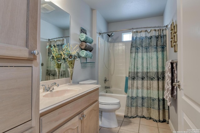 2239 Kensington Way, New Braunfels, TX 78130 - bathroom featuring tile patterned flooring, shower / bath combo with shower curtain, vanity, and toilet