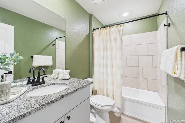 2700 La Mundial, Seguin, TX 78155 - full bathroom with toilet, a textured wall, shower / bath combo with shower curtain, vanity, and wood finished floors