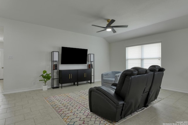 8732 Ironwood Hl, San Antonio, TX 78254 - living area featuring baseboards, a ceiling fan, and vaulted ceiling