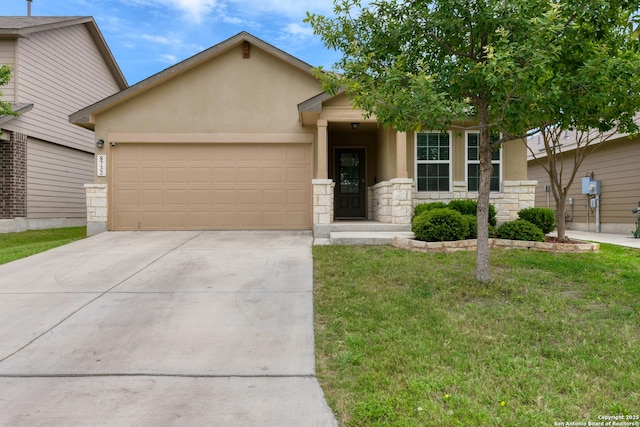 8732 Ironwood Hl, San Antonio, TX 78254 - ranch-style home featuring a garage, a front lawn, stone siding, stucco siding, and driveway