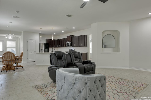 8732 Ironwood Hl, San Antonio, TX 78254 - living area featuring visible vents, baseboards, recessed lighting, a ceiling fan, and light tile patterned floors