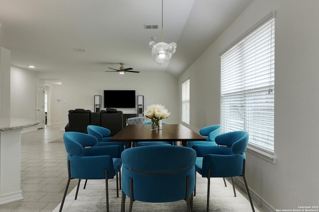8732 Ironwood Hl, San Antonio, TX 78254 - dining space featuring visible vents, a ceiling fan, light tile patterned floors, and recessed lighting