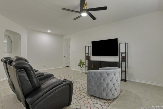 8732 Ironwood Hl, San Antonio, TX 78254 - living room with baseboards, a ceiling fan, light tile patterned floors, and recessed lighting