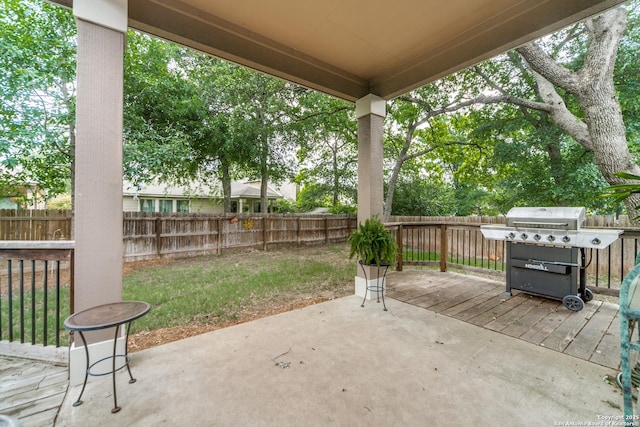 view of patio with grilling area and a fenced backyard