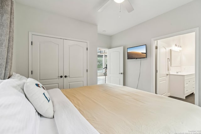 208 Woodridge, Canyon Lake, TX 78133 - bedroom with ensuite bath, a sink, a closet, and ceiling fan