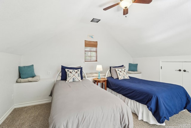 208 Woodridge, Canyon Lake, TX 78133 - bedroom with vaulted ceiling, a closet, ceiling fan, carpet, and baseboards