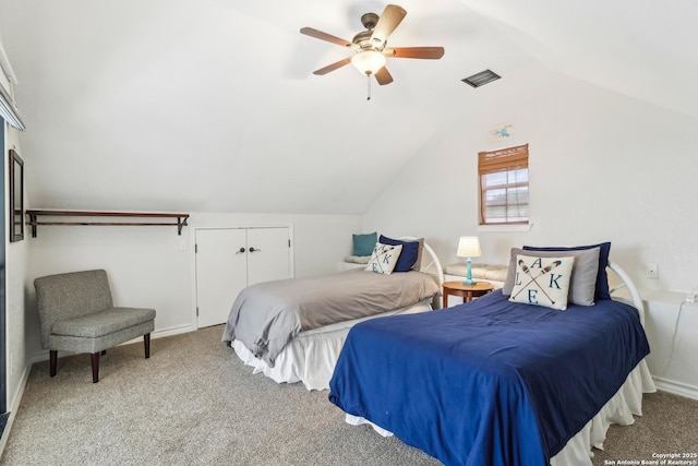 208 Woodridge, Canyon Lake, TX 78133 - bedroom featuring vaulted ceiling, a ceiling fan, a closet, carpet, and visible vents