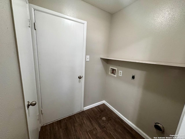 clothes washing area with laundry area, hookup for a washing machine, electric dryer hookup, dark wood-style flooring, and baseboards