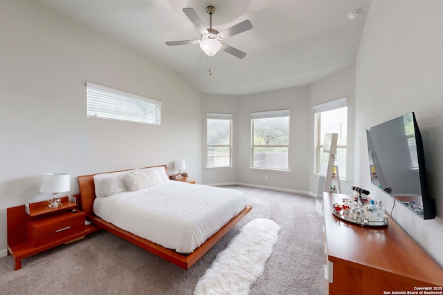 13324 Romulus Way, San Antonio, TX 78245 - bedroom featuring light colored carpet, baseboards, vaulted ceiling, and ceiling fan