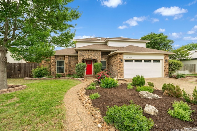 view of front of home with dirt driveway, fence, a shingled roof, brick siding, and a garage