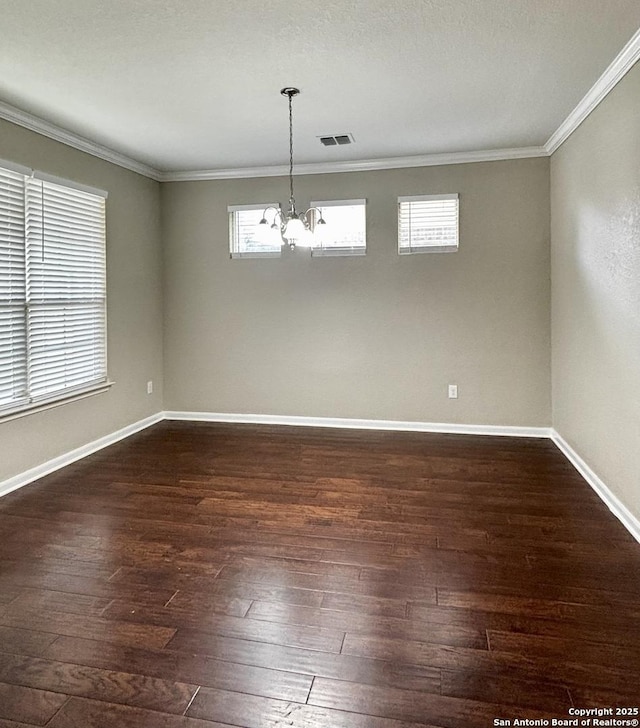 11631 Sangria, San Antonio, TX 78253 - empty room featuring dark wood finished floors, ornamental molding, visible vents, a chandelier, and baseboards