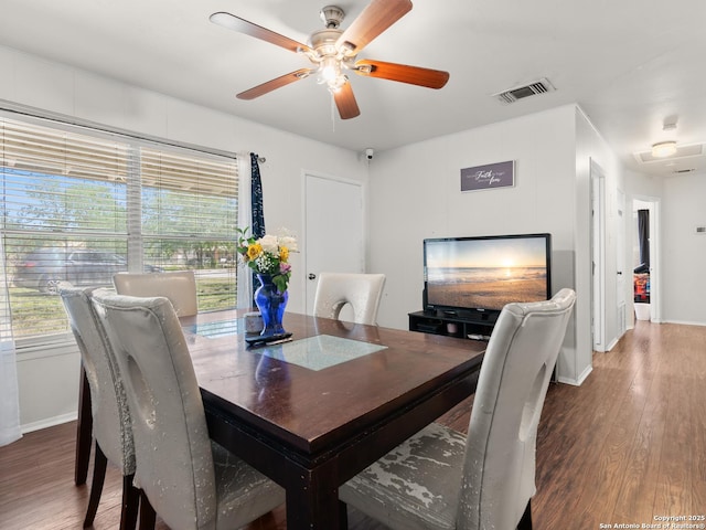 dining room with visible vents, baseboards, a ceiling fan, and wood finished floors