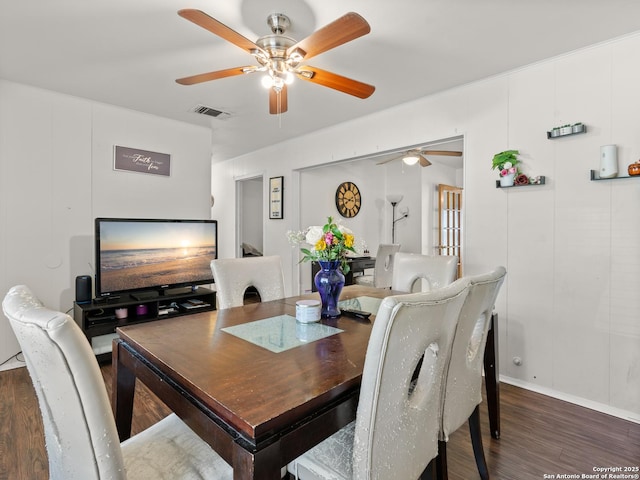 dining room featuring visible vents, wood finished floors, and ceiling fan
