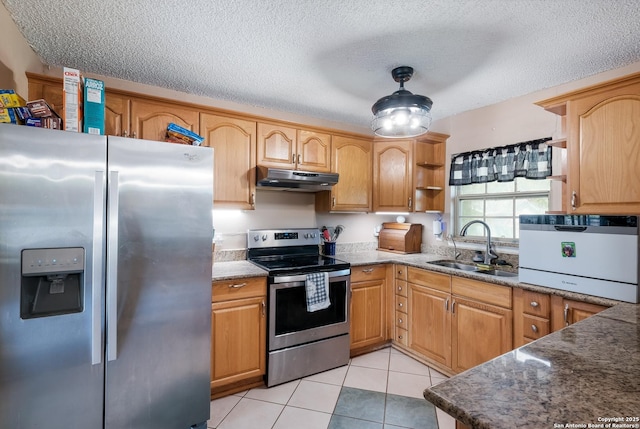 kitchen featuring a textured ceiling, open shelves, under cabinet range hood, a sink, and stainless steel appliances