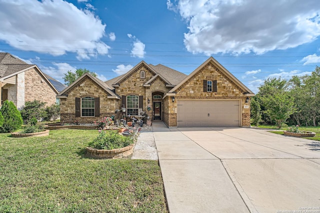 805 Raceland, San Antonio, TX 78245 - view of front of property featuring driveway, stone siding, an attached garage, a front lawn, and a shingled roof