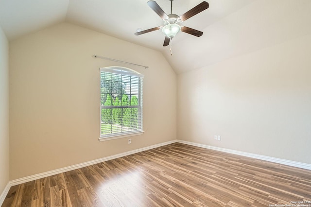 805 Raceland, San Antonio, TX 78245 - empty room featuring ceiling fan, baseboards, wood finished floors, and lofted ceiling