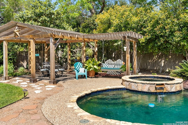 view of swimming pool with a fenced backyard, a pergola, a patio area, and a pool with connected hot tub