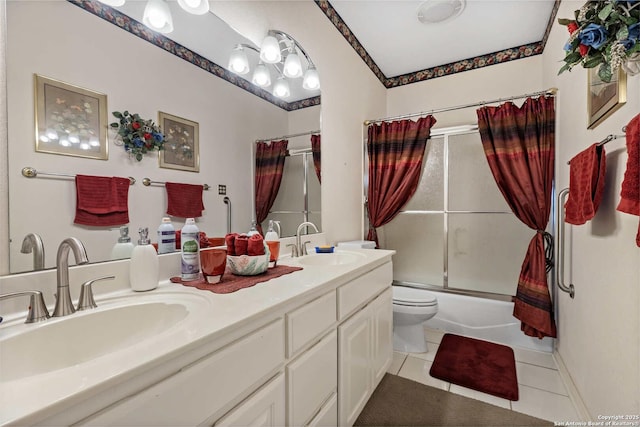 628 Mission Vw, New Braunfels, TX 78130 - bathroom with a sink, double vanity, tile patterned flooring, and bath / shower combo with glass door