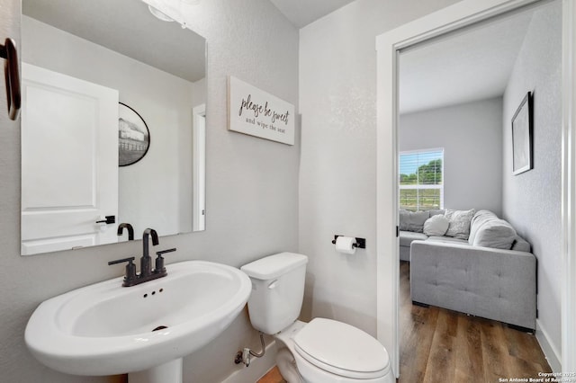 bathroom with connected bathroom, a sink, toilet, and wood finished floors