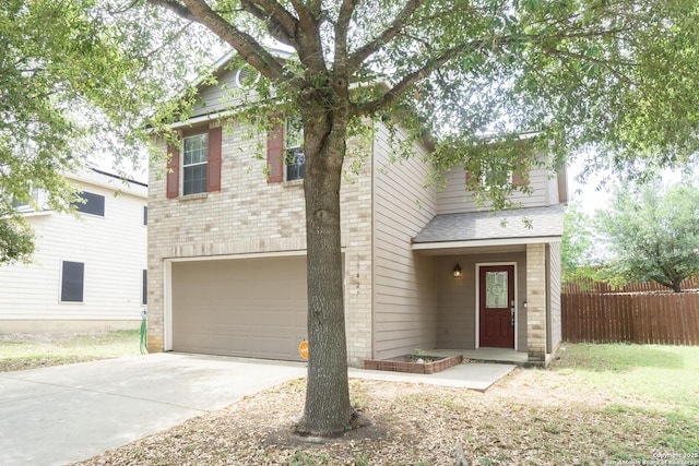 16427 Kentucky, Selma, TX 78154 - traditional-style house featuring a garage, a shingled roof, fence, brick siding, and concrete driveway