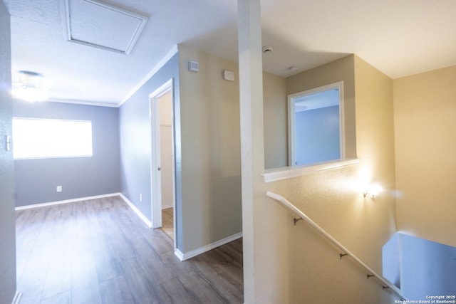 16427 Kentucky, Selma, TX 78154 - corridor with wood finished floors, attic access, baseboards, and an upstairs landing