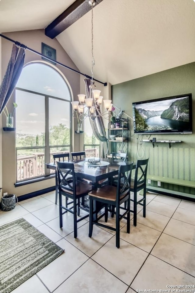 dining area featuring a healthy amount of sunlight, tile patterned flooring, and lofted ceiling with beams