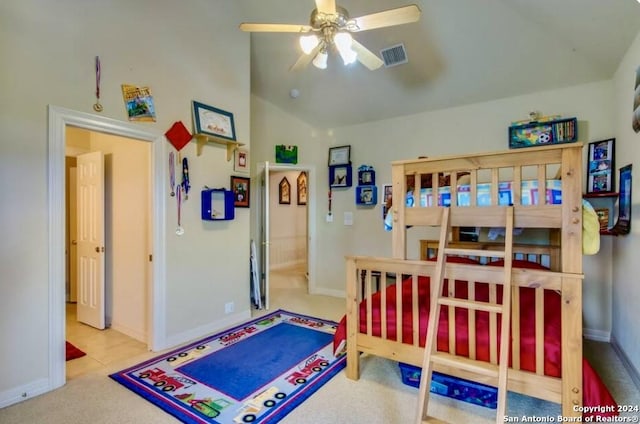 carpeted bedroom with visible vents, baseboards, and lofted ceiling