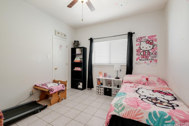bedroom featuring light tile patterned flooring and a ceiling fan