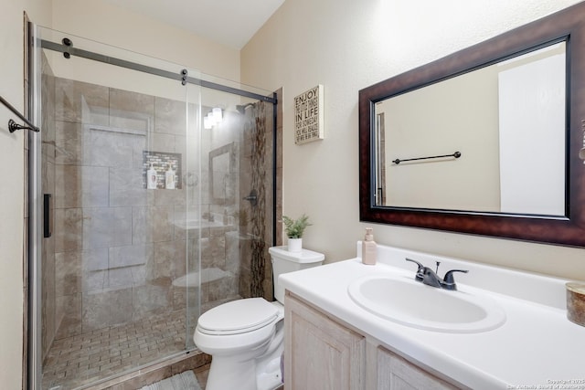 bathroom featuring vanity, a shower stall, and toilet