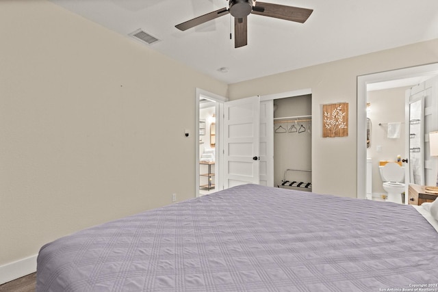 371 Sprucewood Ln, San Antonio, TX 78216 - bedroom with a closet, connected bathroom, ceiling fan, baseboards, and visible vents