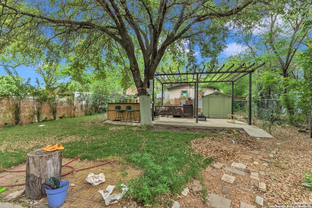 view of yard featuring a storage unit, an outbuilding, and a pergola